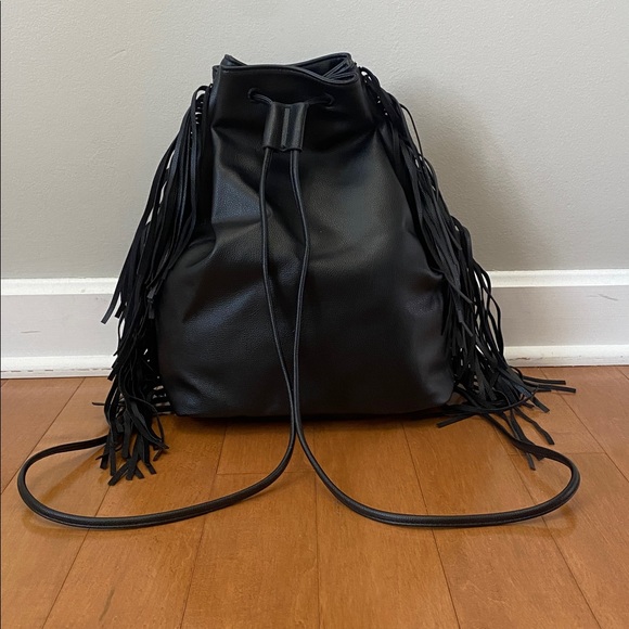 Victoria Secret Black FAUX Leather Fringe Drawstring Backpack bag - Picture 3 of 7